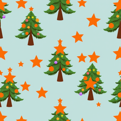 Create a seamless pattern of illustrated Christmas trees with bright orange stars and colorful ornaments, set against a light blue background, captured with a DSLR camera at f/8, ISO 100, 50mm lens, top-down view, vibrant color grading.