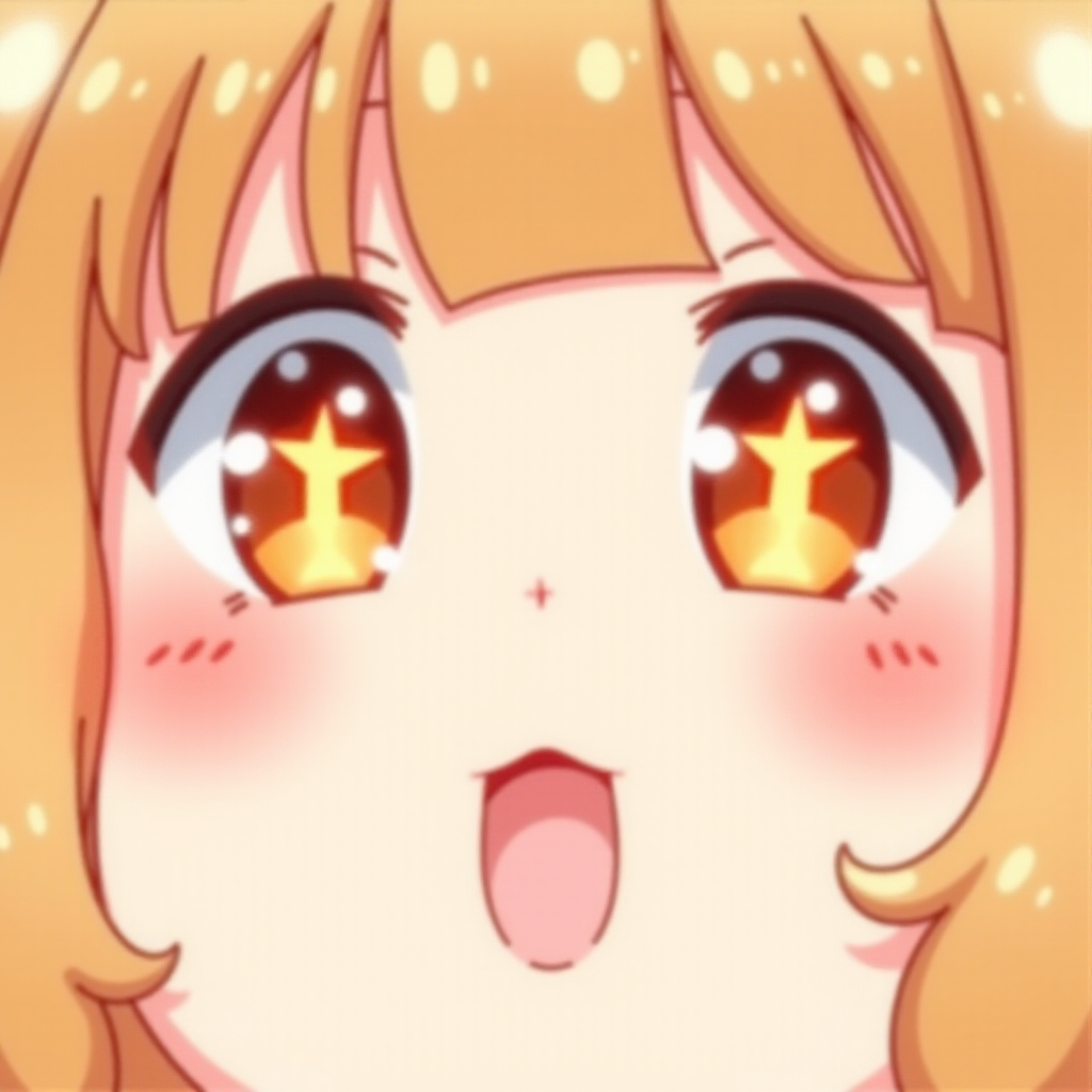Create an illustration of a cute anime face with large, sparkling eyes featuring orange highlights. The face should have rosy cheeks and convey a joyful, lively expression. The style should be bright and cheerful, capturing the essence of kawaii art.