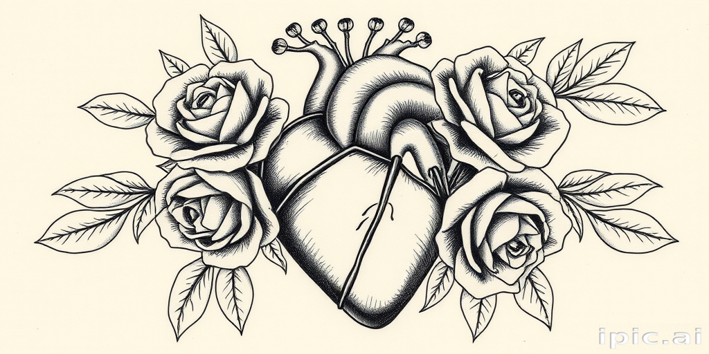 Vintage etching-style tattoo showcasing a detailed anatomical heart intertwined with blooming roses, rendered in fine line work and subtle shading for a timeless monochromatic piece