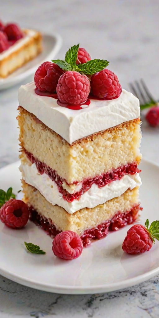Create a delicious and visually appealing dessert with a square shape. The cake should have layers featuring a light, creamy texture with swirls of raspberry sauce. Decorate the top with fluffy whipped cream, fresh raspberries, and mint leaves for a vibrant finish. Present it on a simple white plate against a soft marble background.