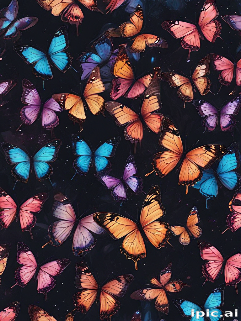 A Vibrant Array of Colorful Butterflies Dancing Against a Dark Background.