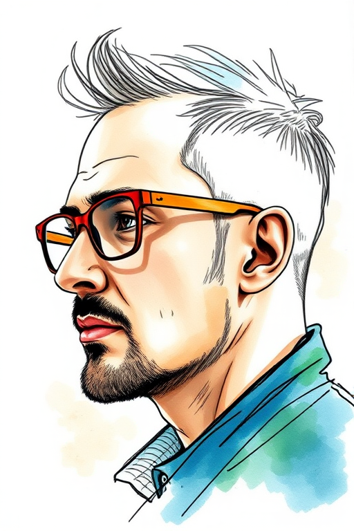 Create a portrait of a man with glasses, depicted in profile, combining sketch-style drawing and watercolor elements with a modern artistic flair.