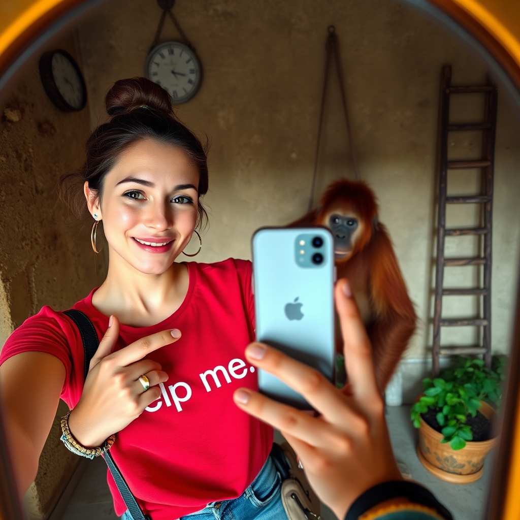 A medium shot selfie photo featuring a young woman and an orangutan, with indoor artificial lighting and a rustic setting captured in clear detail; the image features a warm color palette. The young woman, of Caucasian descent, has a fair skin tone with visible pores and natural texture, and her brown hair is tied back into a neat bun. She has a relaxed expression, smiling slightly as she takes the selfie with her phone, which is visible in the foreground of the mirror reflection. She wears a red shirt with the text "help me", and blue jeans, accessorized with bracelets and a small handbag slung over her shoulder. Standing beside her is an orangutan, slightly shorter in height with characteristic reddish-brown fur, standing comfortably with its gaze directed at the camera. The orangutan's expression is calm. The background shows an old, textured wall with a ladder-like decoration and some lush greenery. The warm artificial lighting adds depth to the scene, emphasizing the rough texture of the walls and the details of the subjects. The overall atmosphere is casual and playful, with the warm tones enhancing the rustic ambiance