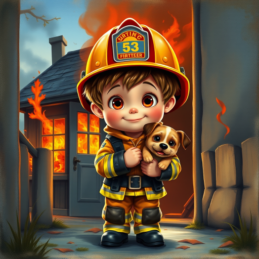airbrushed oil painting, pixar style, cute little boy in fireman gear, helmet, tousled hair, expressive eyes, standing in the doorstep of a cottage burning behind him, holding a cute little dog in his arm, atumn sky
