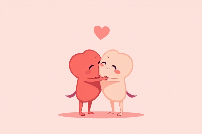 create a minimalist illustration of two cartoon hearts embracing each other with soft pastel colors, use a Canon EOS R5 camera with a 50mm f/1.8 lens, set aperture at f/2.8, ISO 100, and a shallow depth of field, with a soft pink background and gentle lighting to enhance the warmth and affection in the scene