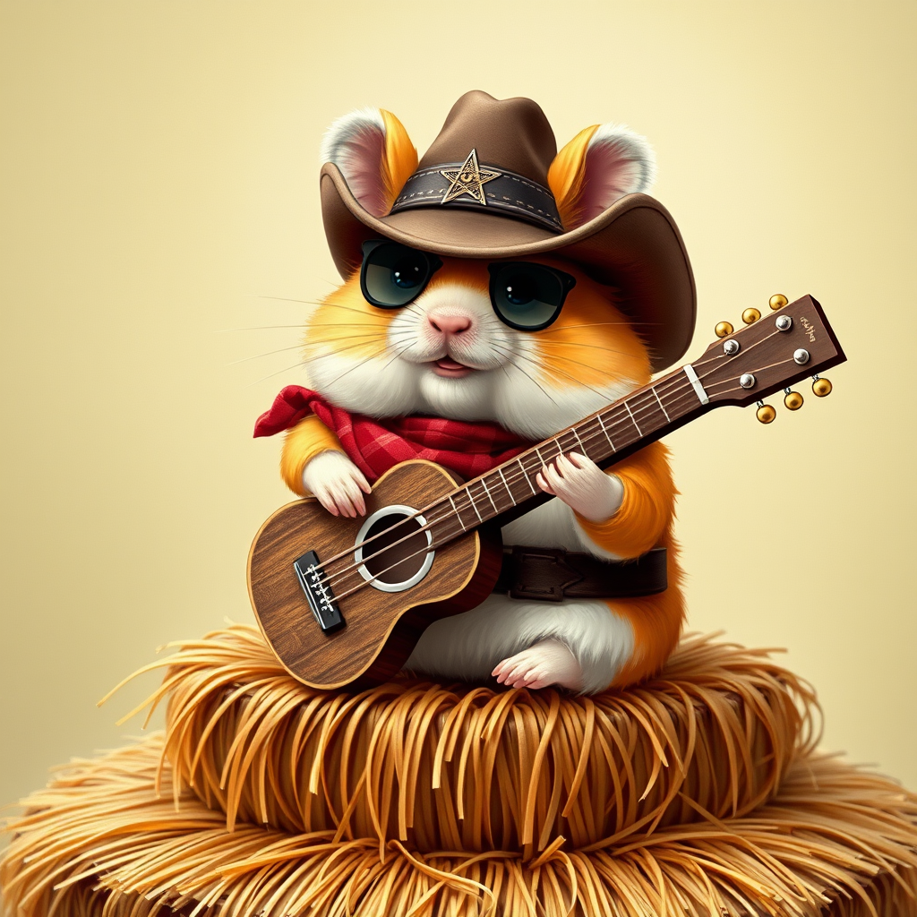 A chibi hamster, dressed as a cowboy, playing guitar, sitting on a hay bale