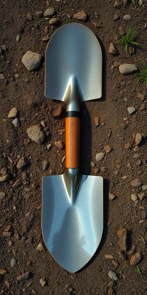 Create a high-resolution image of a flat-edged shovel with a long wooden handle, captured with a DSLR camera at f/8 aperture, ISO 100, 50mm lens, top-down view, using natural lighting to enhance details and texture.