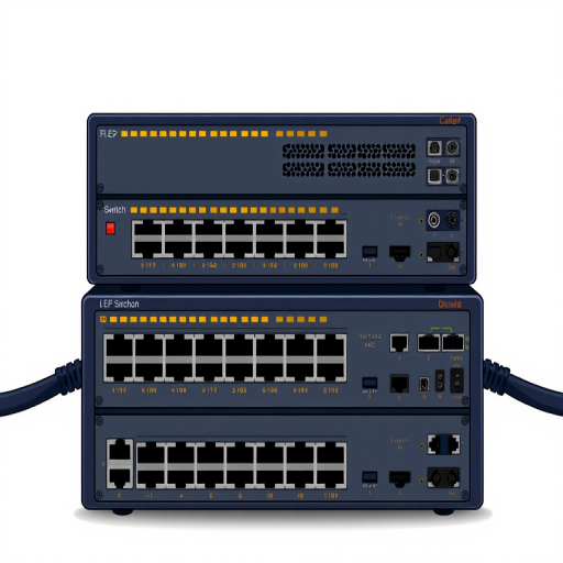 Create a high-resolution digital illustration of a network switch with two stacked units, front view, with detailed LED indicators and cable connections, using a DSLR camera at f/8, ISO 100, 1/50s, and a wide-angle lens to capture the entire setup in sharp focus.