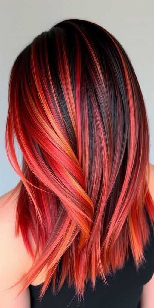 Molten lava locks blend deep reds and oranges with obsidian black, styled in a sleek, asymmetrical cut with ember-like glowing tips, radiating intense heat
