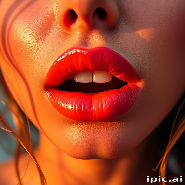 Ombre sunset woman lips blending warm oranges and pinks, capturing the essence of a tropical paradise