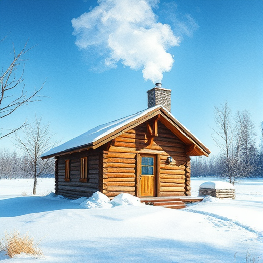 Regenerate a cozy wooden cottage in a snowy landscape with smoke rising from the chimney, bright blue sky in the background, mid shot, natural lighting, using a DSLR camera, aperture f/8, ISO 100, shutter speed 1/200 sec, with a watercolor illustration style.