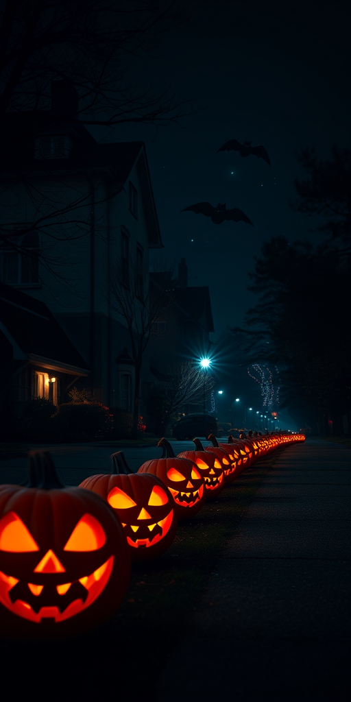 a spooky Halloween night scene featuring a row of glowing jack-o'-lanterns on a dimly lit suburban street, with eerie bats flying in the background and magical sparkles swirling through the air, captured with a Canon EOS R5, 24mm lens, f/2.8 aperture, ISO 400, 1/125 sec exposure, wide-angle view, and a cinematic style.