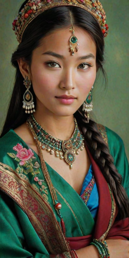 Create a portrait of a beautiful Tibetan woman with striking green eyes and a gentle expression. She is adorned in traditional attire with intricate patterns, including a richly embroidered headscarf and matching garments. Her jewelry includes a delicate headpiece, dangling earrings, and ornate bracelets, all featuring vibrant gemstones and detailed metalwork. The background is soft and warm, enhancing the rich colors of her outfit and jewelry.
