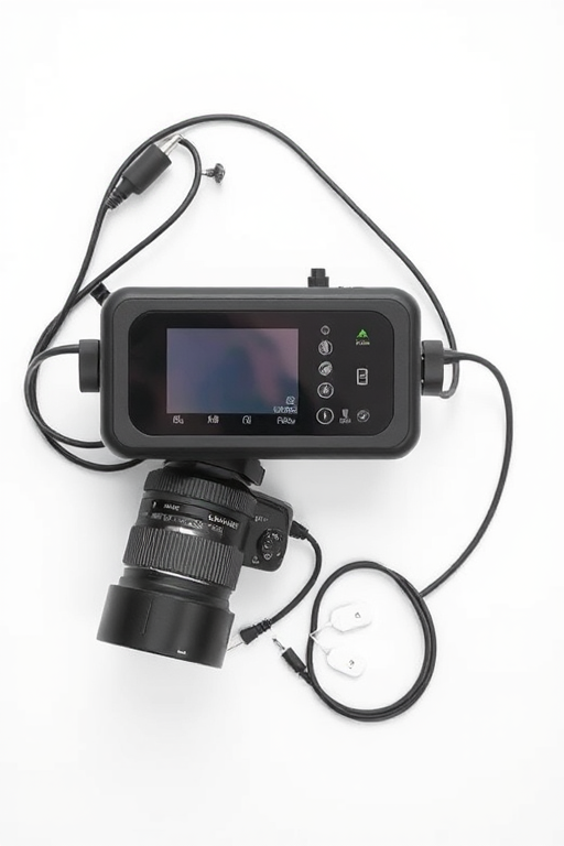 high-quality image of a medical electrotherapy device on a clean white background, focus on the device and electrode pads, ISO 100, aperture f/4, shutter speed 1/60s, top-down view, DSLR camera setup