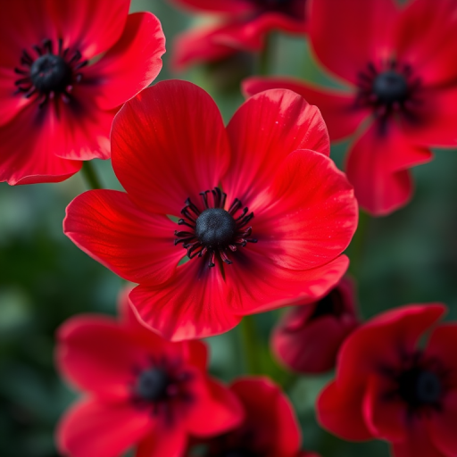 vibrant red anemone flowers with dark centers, close-up view, macro photography, aperture f/2.8, shutter speed 1/125s, ISO 100, soft lighting, shallow depth of field, DSLR camera