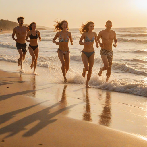 Blurry action shot of a group of friends racing down a sandy beach, soft focus on the waves crashing in the background, golden light from the setting sun casting long shadows.