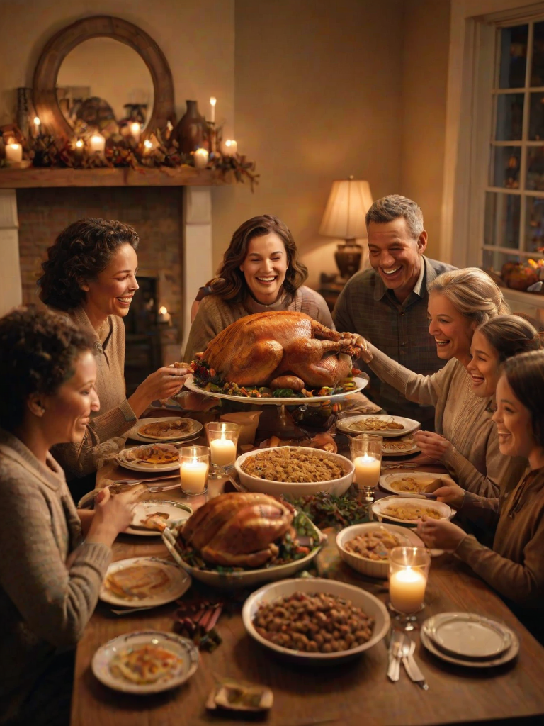 Warmly lit image of a family gathered around a table, sharing a Thanksgiving meal, soft glow from candles casting warm light on their faces, laughter and conversation filling the room, the smell of roasted turkey and freshly baked pie lingering in the air.