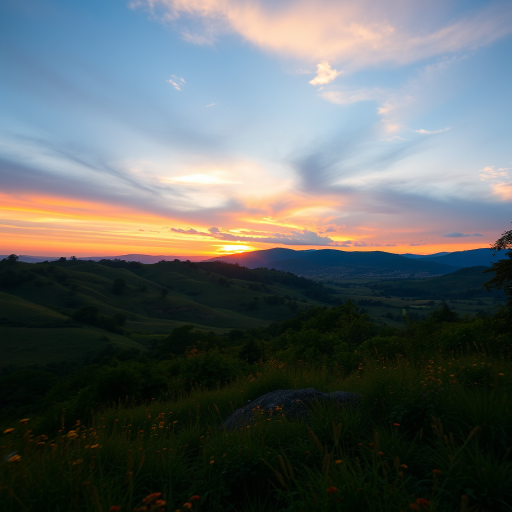 Generate a high-resolution image of a serene landscape during sunset with vibrant colors, using a DSLR camera, 24mm lens, aperture f/8, ISO 100, and a slightly overexposed view to enhance the warmth of the scene.