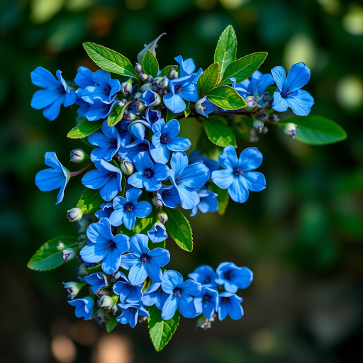 Floral letter F design with blue flowers and green leaves, soft natural lighting, aperture f/2.8, shutter speed 1/60s, 50mm lens, DSLR camera.