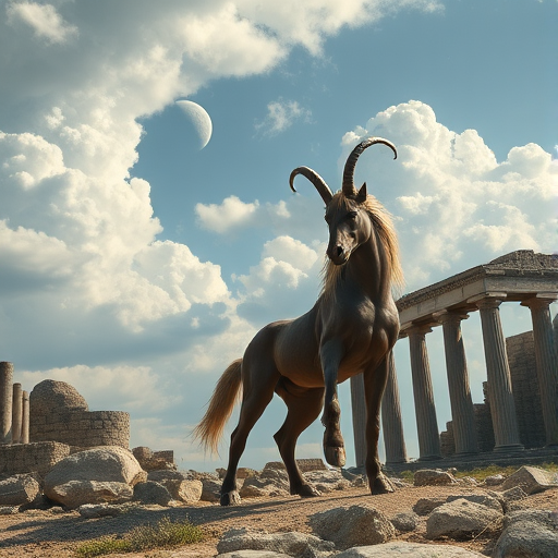 fantasy landscape with a muscular centaur in an ancient ruins setting, dramatic clouds and planets in the sky, wide-angle view, 35mm lens, f/8 aperture, ISO 100, natural lighting, high-resolution digital camera