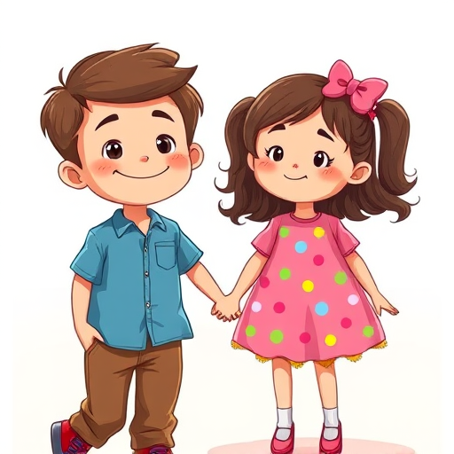 Create a vibrant cartoon-style illustration of a smiling boy in a blue shirt and brown pants holding hands with a girl in a pink dress with colorful dots, using a high-resolution digital camera, with a 50mm lens, f/2.8 aperture, ISO 100, natural lighting, and a soft-focus background.