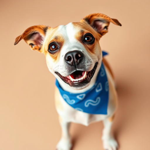 dog with a playful expression wearing a blue bandana on a neutral background, captured with a DSLR camera, 50mm lens, f/1.8 aperture, 1/200s shutter speed, ISO 200, natural lighting for enhanced detail and depth.