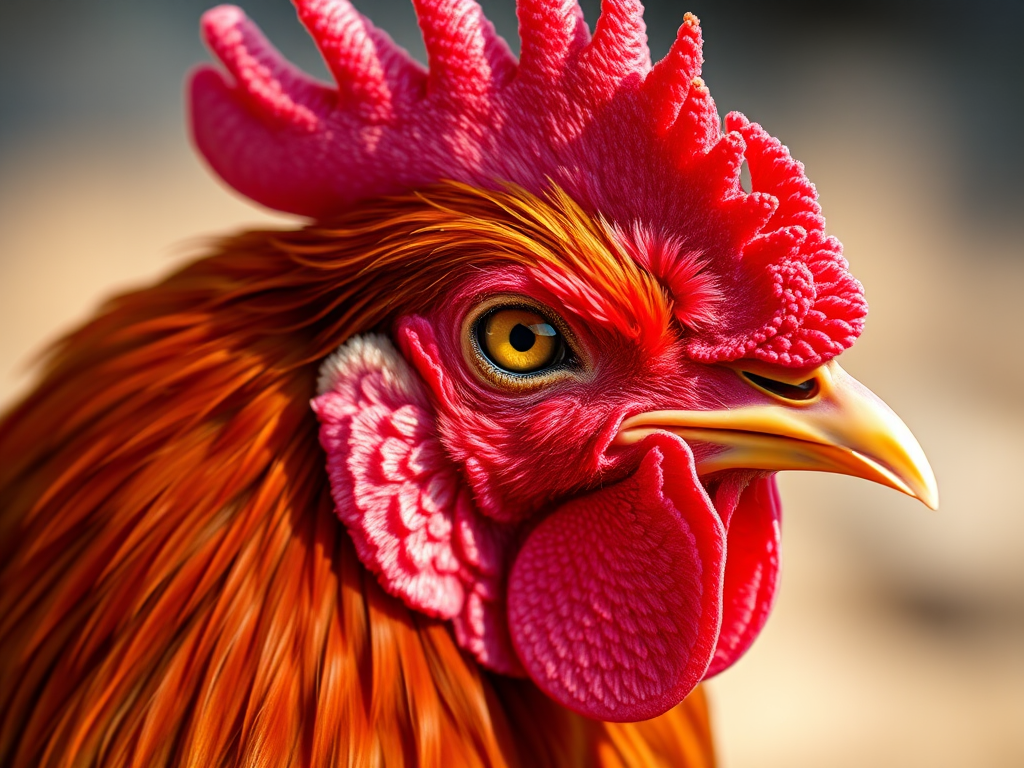 close-up of a rooster with vibrant feathers and detailed texture, 50mm lens, f/1.8 aperture, ISO 100, natural lighting, shallow depth of field, DSLR camera