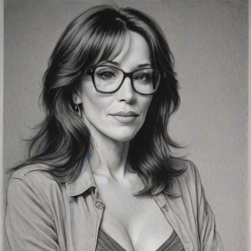 Pleasing Katey Sagal, pencil sketch, portrait of Magnificent woman 1978s in glasses, hair style beatnik, outline, clear lines, fine lines, 8k