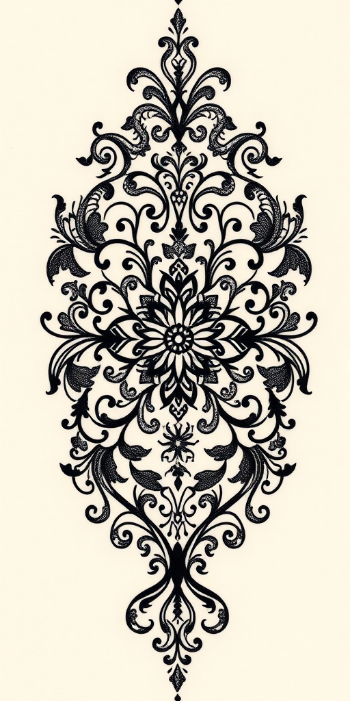 Elegant blackwork ornamental tattoo called "Victorian Lace" showcasing intricate patterns inspired by vintage lace designs and filigree work, with delicate lines and swirls forming a cohesive and symmetrical design that adorns the skin like a piece of fine jewelry, creating a timeless and sophisticated tattoo that exudes femininity and grace