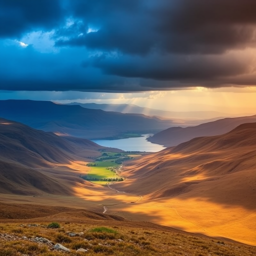 Capture a stunning landscape of a valley with rolling hills and a lake, showcasing dramatic lighting and shadows, taken with a DSLR camera, 24mm lens, f/8 aperture, ISO 100, and a polarizing filter for enhanced color vibrancy and contrast.
