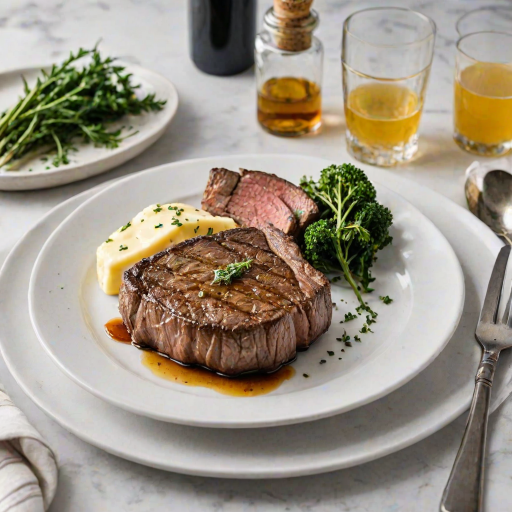 Create an image of a perfectly seared ribeye steak, resting on a white plate with a pat of melting butter on top. The steak is seasoned with fresh herbs like thyme and parsley, with glistening juices highlighting the texture of the meat. The background features a soft focus on a light, marble countertop, with a small dish of butter and an olive oil bottle in the distance. The overall mood should be warm and inviting, capturing the deliciousness and juiciness of the steak.