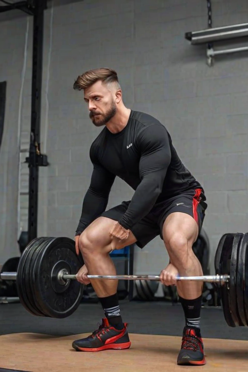 detailed edges, detailed image, perfection style, A detailed and A perfect photo of a man is lifting a barbell in a competition, hand focus, cinematic hand, best hand, better hand, awesome hand, different hand, solo, looking at viewer, short hair, shirt, black hair, 1boy, full body, male focus, thighs, shoes, shorts, socks, artist name, black shirt, muscular, facial hair, black shorts, pectorals, muscular male, red footwear, bara, large pectorals, bulge, realistic, very short hair, chest hair, leg hair, arm hair, exercise, hairy, nike, gym, dumbbell, weightlifting, perfection, different color, perfect color, realistic, realism, detailed background, perfect background, different background, perfect style, perfection style, detailed style, thick thighs, sneakers, mature male, sideburns, buzz cut, nike (company)