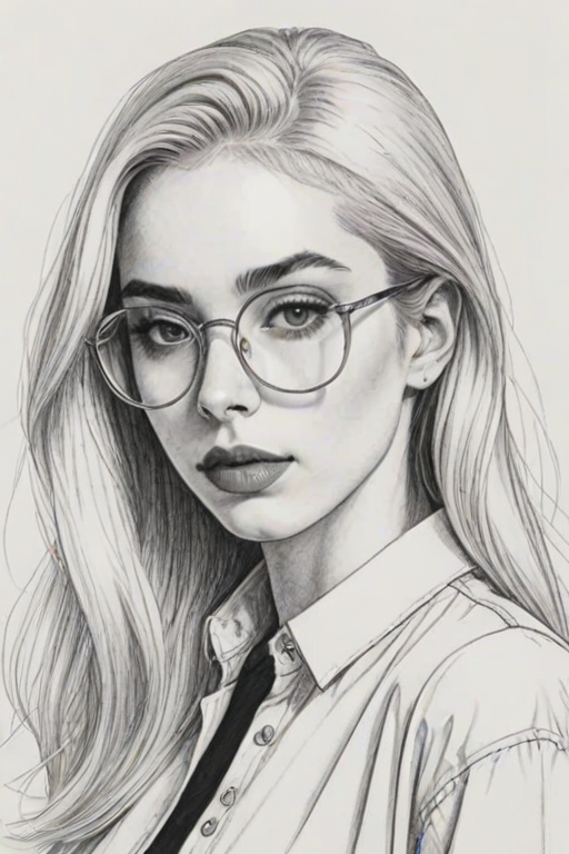 Graceful Ava Max, pencil sketch, portrait of Beauteous woman 1980s in glasses, hair style beatnik, outline, clear lines, fine lines, 8k