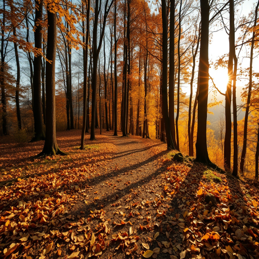 Sharp, high-resolution photo of a forest path covered in fallen autumn leaves, soft golden light streaming through the trees, distant mountains peeking through the foliage, and the feeling of crisp air and serenity.