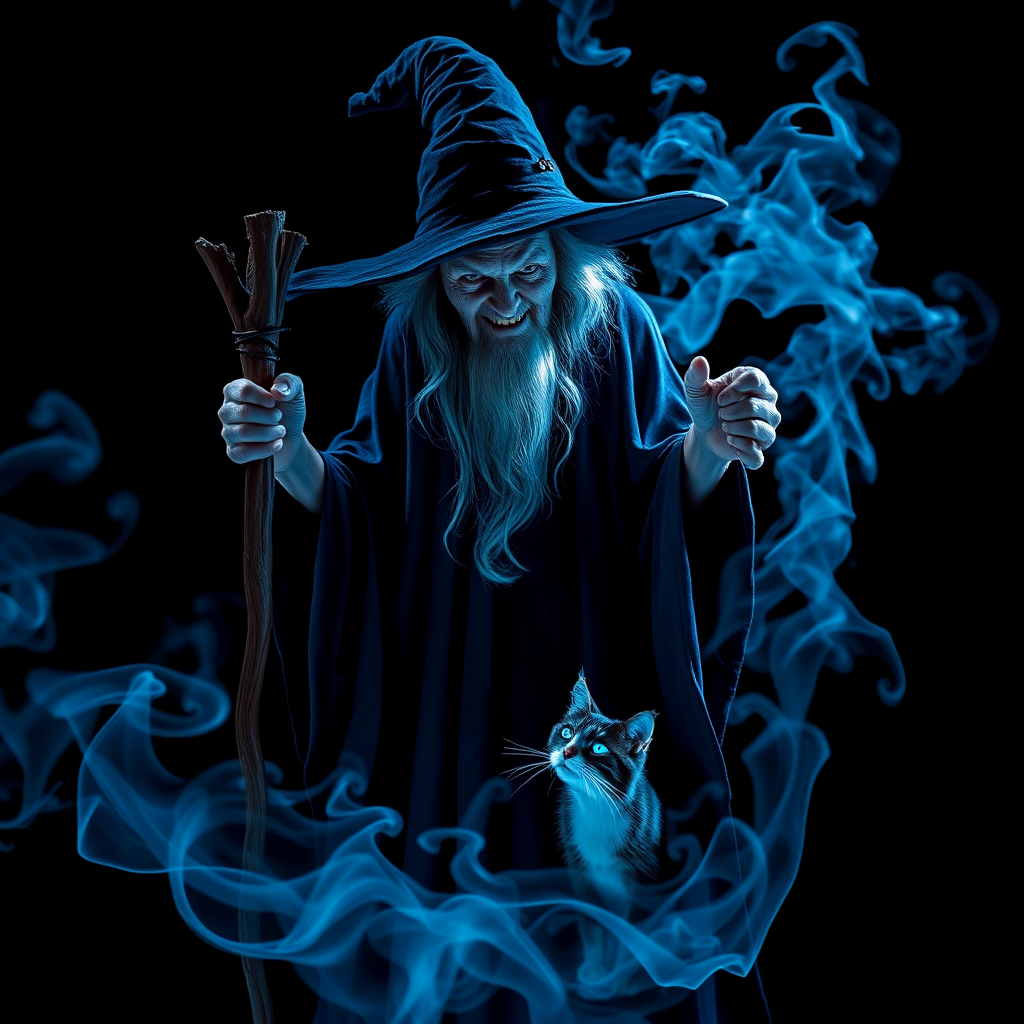 Close-up of a mysterious old crone female witch and her cat made of blue smoke are standing in the dark cackling evilly at the viewer. The smoke is a deep blue, and the background is black. The crone is wearing a long, flowing robe and has a pointed hat on her head. She is holding a staff in one hand and has a mischievous look on her face. The cat is sitting at her feet, looking up at her with glowing blue eyes. The smoke around them is swirling and shifting, as if it has a life of its own. The overall effect is eerie and magical.