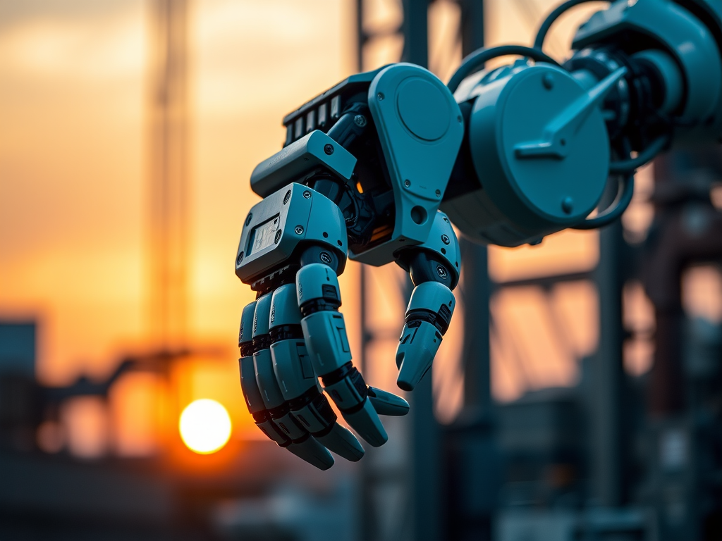 highly detailed robotic arm in an industrial setting, soft gradient sunset background, with dramatic lighting, shot with a Canon EOS R5, 50mm lens, f/1.8 aperture, ISO 100, 1/200 sec exposure, focus on the arm with shallow depth of field