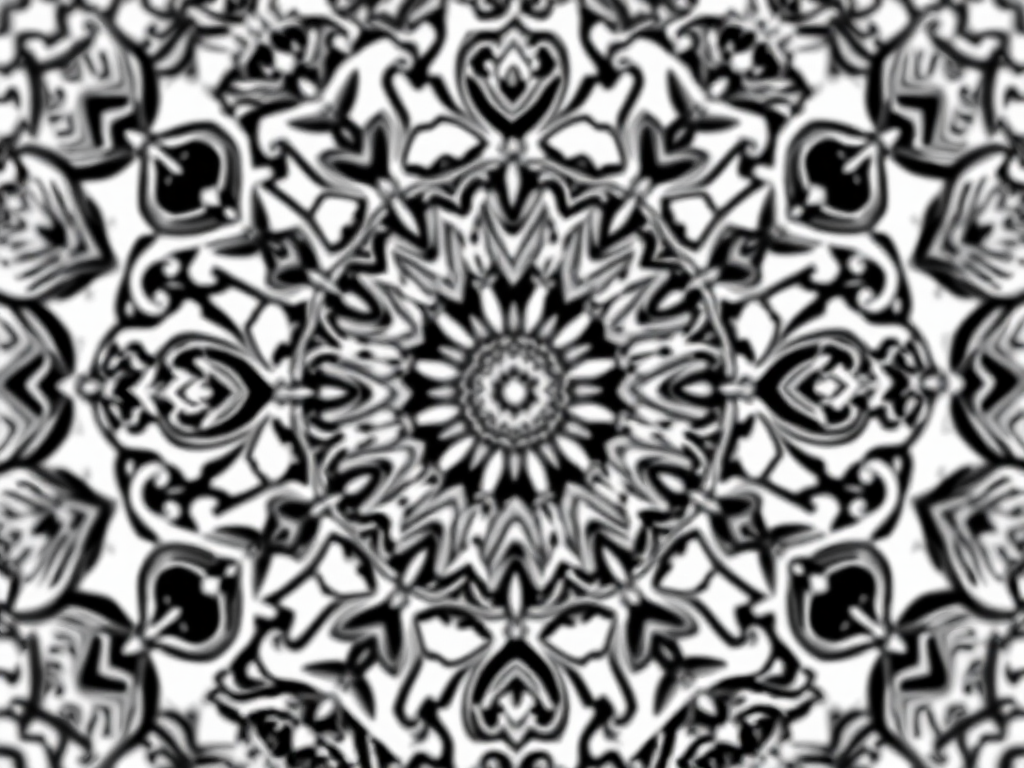 Create an intricate black and white mandala design with fine details and symmetrical patterns, using a DSLR camera at f/8 for sharp depth of field, 1/125 shutter speed to capture clarity, and ISO 100 for optimal light sensitivity, shot from a top-down view to emphasize symmetry.