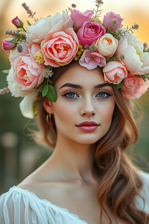 Create a serene portrait of a woman with a lavish floral headdress, featuring a mix of peonies, roses, and wildflowers, using soft pastel colors and warm lighting, captured with a Canon EOS R5 at f/1.8, 50mm lens, in natural light for a dreamy background blur.