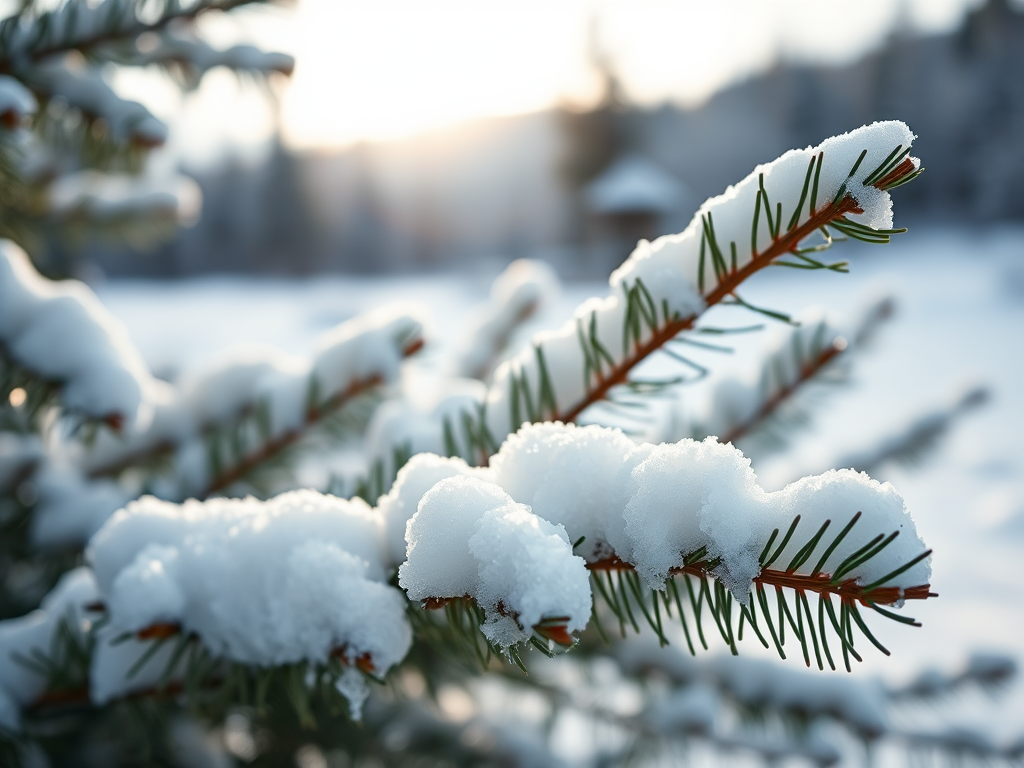 close-up of snow-covered pine branches with blurred background of a winter landscape, soft natural lighting, shallow depth of field, aperture f/2.8, ISO 200, 50mm lens, DSLR camera, focus on foreground snow details