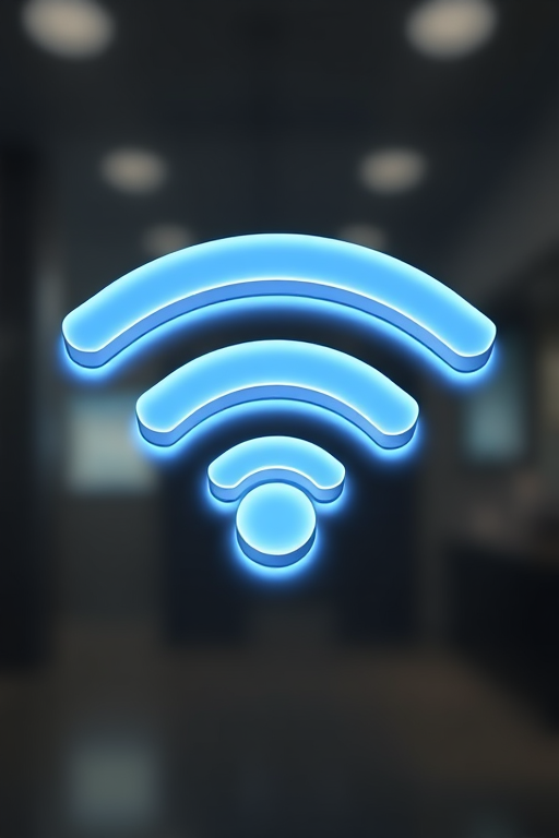 Create a high-resolution image of a Wi-Fi symbol with smooth gradients and a sleek design, using a DSLR camera with a 50mm lens, aperture set to f/2.8, ISO 100, shot from a low angle to emphasize the symbol against a blurred background.
