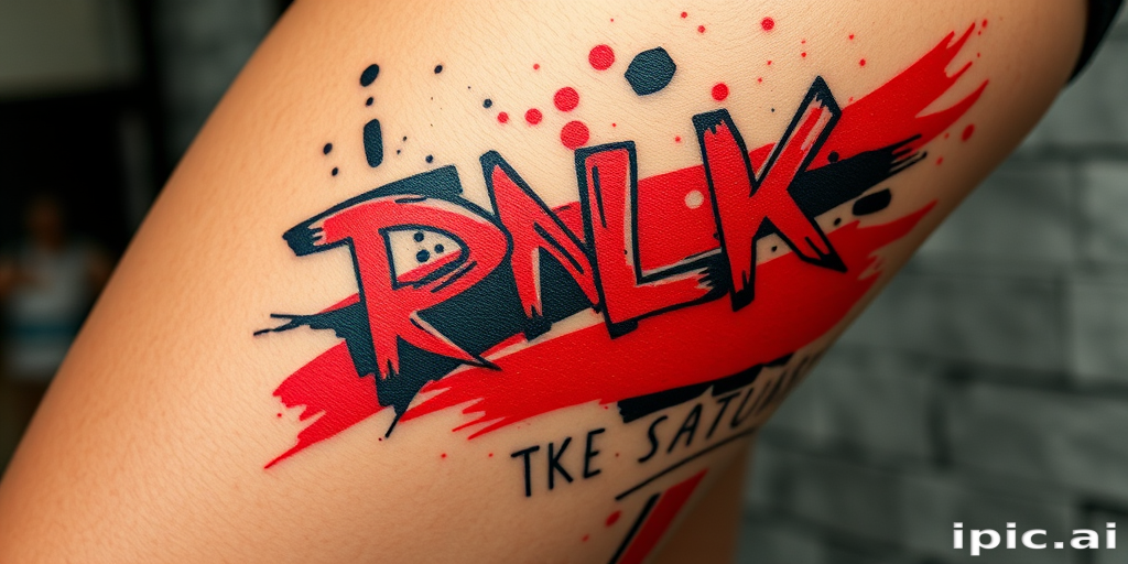 Trash polka tattoo combining realistic and abstract elements on the thigh, featuring bold red and black ink with chaotic brushstrokes and text