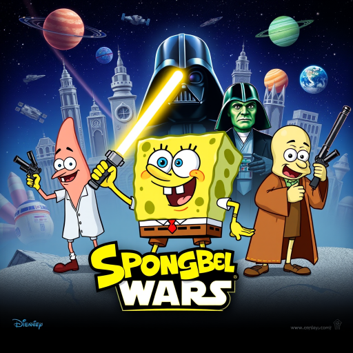 Create a parody of the Star Wars poster with SpongeBob as Luke Skywalker, holding a glowing spatula like a lightsaber. Patrick Star takes the role of Han Solo, holding a blaster, while Squidward is Obi-Wan Kenobi, draped in robes. In the background, Plankton appears as Darth Vader, with Bikini Bottom’s landmarks reimagined as spaceships and planets. The iconic Star Wars logo is swapped for "Sponge Wars," creating a playful, sci-fi adventure scene.