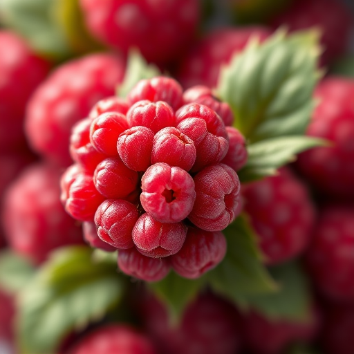 Create a hyper-realistic 3D render of a raspberry cluster with a shallow depth of field, using a DSLR camera with a 50mm lens at f/1.8, ISO 100, and 1/200s shutter speed, shot from a top-down angle with soft natural lighting to enhance texture and color vibrancy.