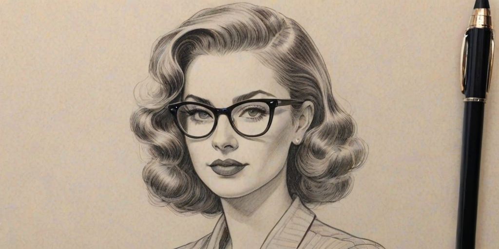 Enticing Kaitlyn Maher, pencil sketch, portrait of Dazzling woman 1946s in glasses, hair style beatnik, outline, clear lines, fine lines, 8k