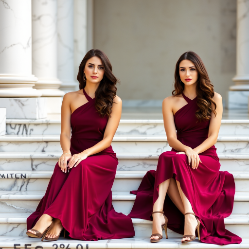 Two women in elegant burgundy dresses sitting on marble steps, bright natural lighting, shallow depth of field, 85mm f/1.8 lens, ISO 100, aperture f/1.8, soft focus background, portrait orientation, DSLR camera.