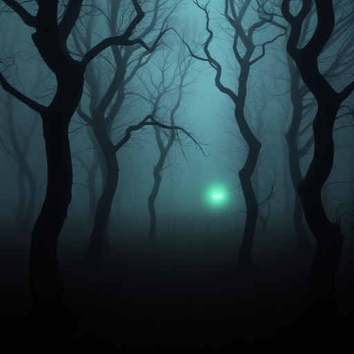 Create a misty, eerie forest scene with twisted trees and a faint green glow in the distance, using a DSLR camera with a 35mm lens, aperture f/2.8, shutter speed 1/50 sec, ISO 200, taken from a low angle to capture depth and enhance details in the shadows.