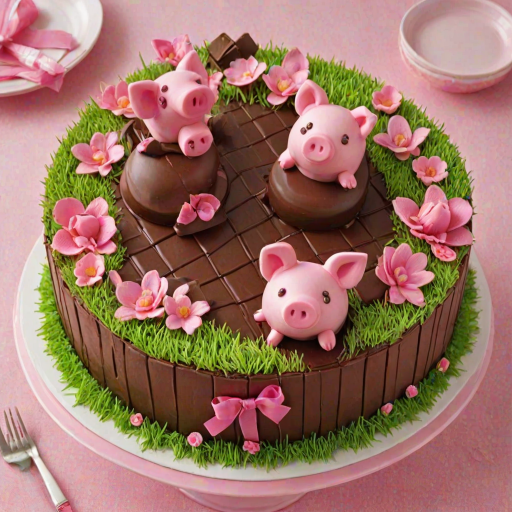 Create an image of a round chocolate cake with a smooth chocolate ganache top. The cake should have cute pink pigs made of fondant floating on top, some partially submerged. Surround the cake with Kit Kat bars as a border. Add a pink gingham ribbon tied around the middle, and place small flowers and grass decorations at the base for a playful, festive look.