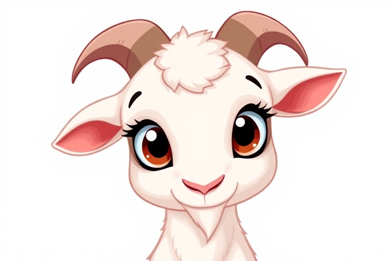 Create a cute cartoon illustration of a baby goat with big eyes and fluffy fur, using a Canon DSLR camera with a 50mm lens, f/2.8 aperture, 1/200 shutter speed, and natural soft lighting for enhanced image quality, in a clean white background to highlight the character.