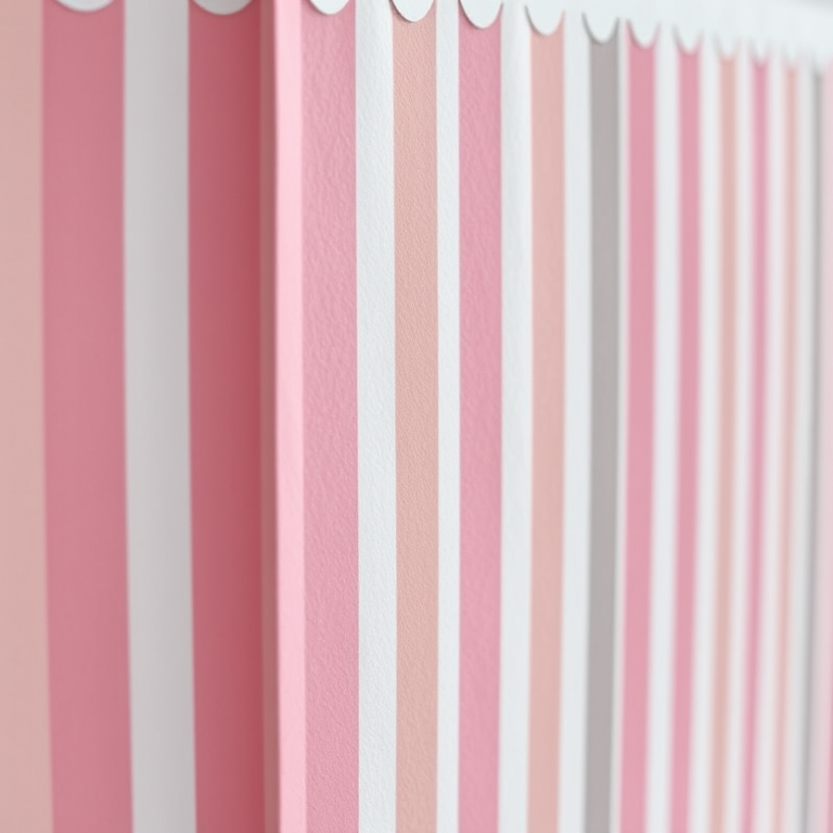 colorful vertical stripes in shades of pink, gray, and white with decorative scalloped edges, taken with a DSLR camera at f/4, ISO 100, 50mm lens, bright natural lighting, shallow depth of field, capturing the texture and patterns of the paper