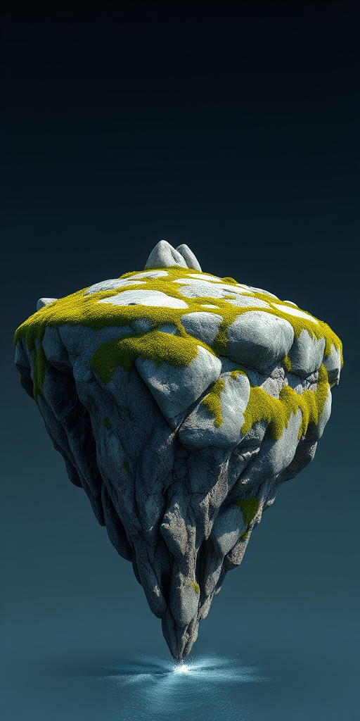 Create an ultra-realistic 3D render of a floating island with intricate stone patterns on top, featuring a rugged, moss-covered rocky underside and cascading water, captured from a low-angle perspective, using a DSLR camera with a 50mm lens, aperture f/1.8, ISO 100, shutter speed 1/200 sec, and soft natural lighting to enhance texture and detail.
